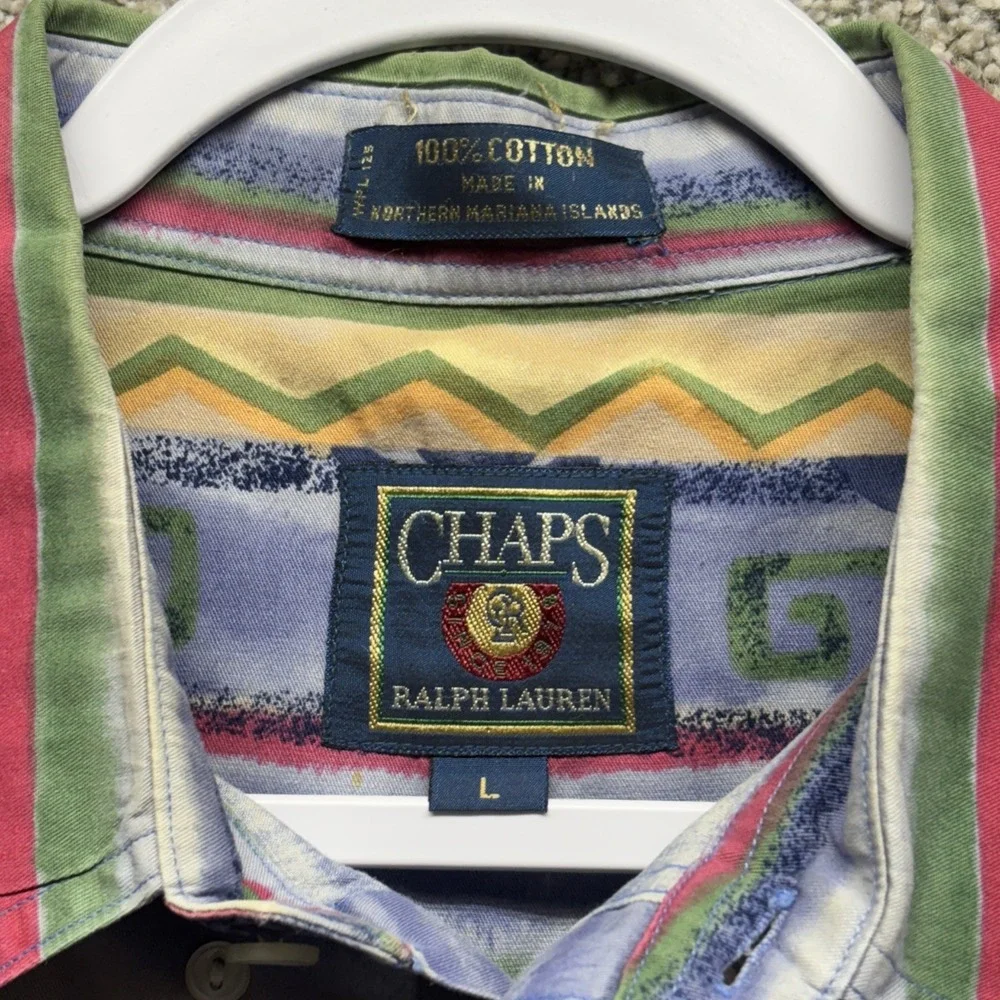 Vintage Chaps Ralph Lauren Shirt Mens Large Striped Aztec Print Short Sleeve 90s